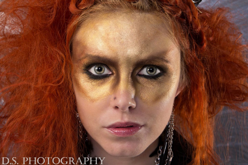 Gold-toned fashion makeup with dramatic red hair